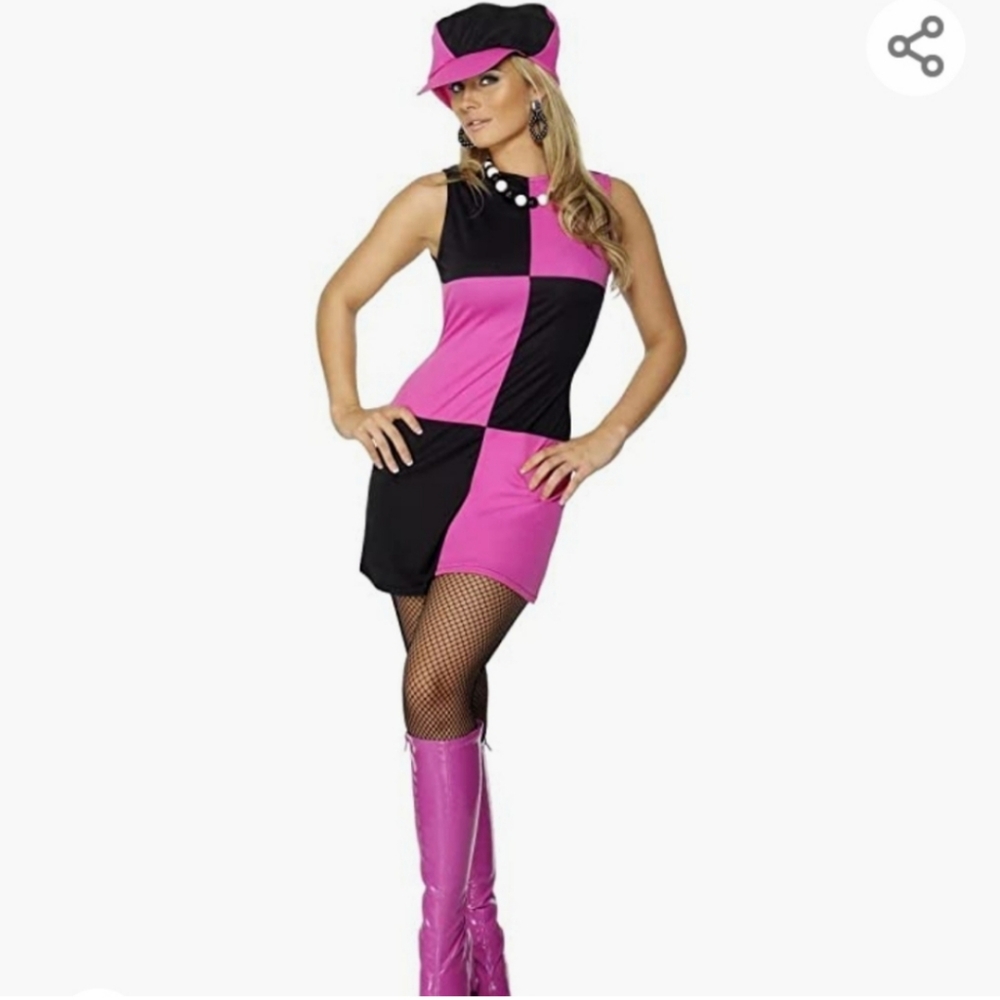 🎃Smiffy's 60s Party Girl Costume Dress & Hat Pink Black Color Block S, M